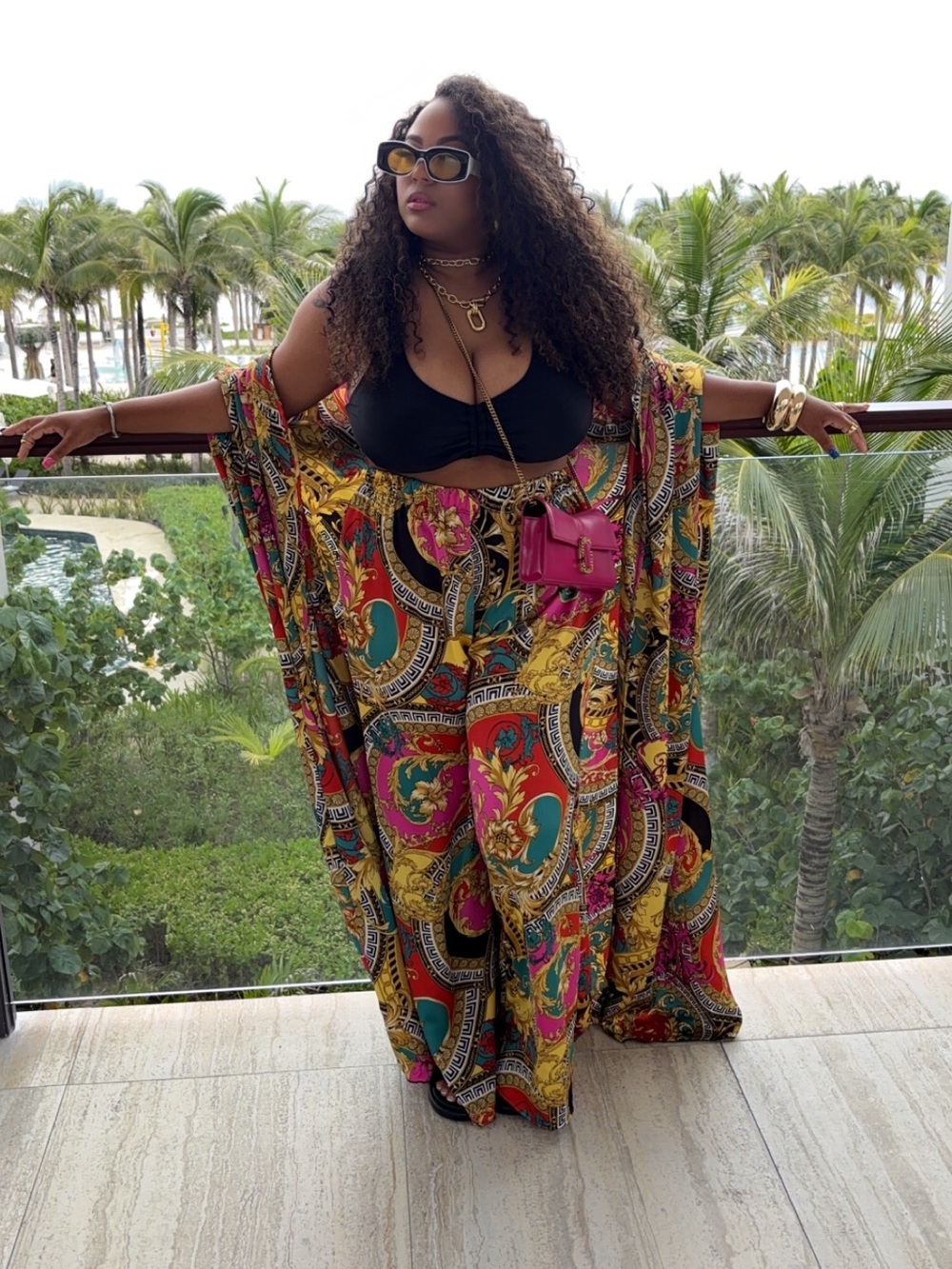 Plus-Size Black Swim Top with Multicolor Printed Cover-Up Set